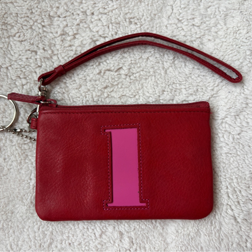 NEW Rolfs Red Leather Wristlet with Pink Monogram L